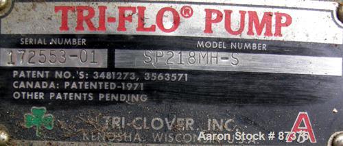 Used Tri-Clover Centrifugal Pump, Model SP18MH-S, 316 Stainless Steel. Rated approximately 60 gallons per minute at 200' head, 8" diameter impeller. 2" Tri-clamp inlet, 1-1/2" tri-clamp outlet. Drive...