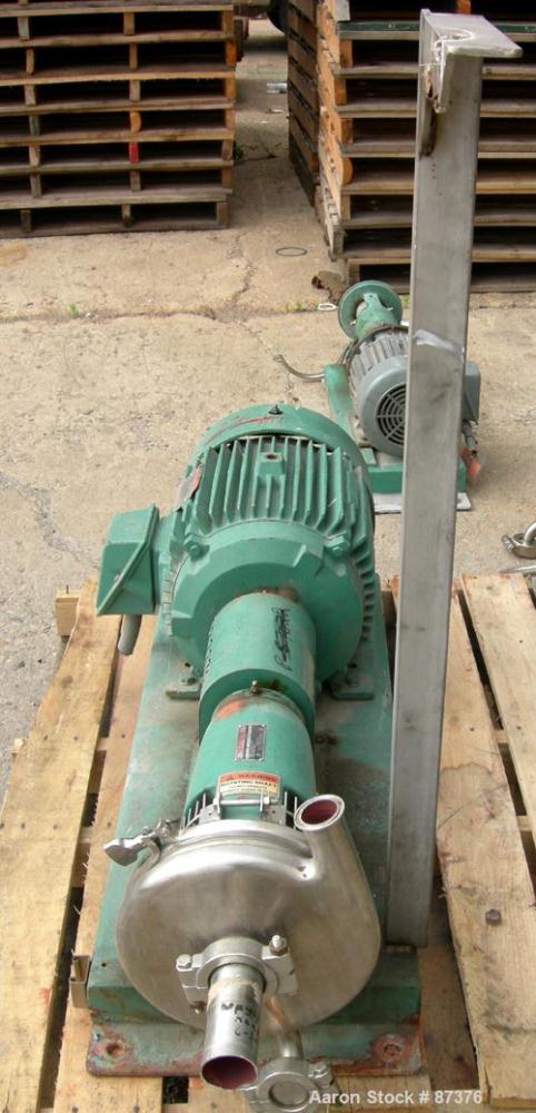 Used Tri-Clover Tri-Flo Centrifugal Pump, model SP218MH-S, 316 stainless steel. 2’’ tri-clamp inlet, 1-1/2’’ tri-clamp outlet. Approximate capacity 180 gallons per minute at 210' head, 7-1/4" diamete...