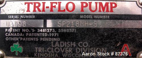 Used Tri-Clover Tri-Flo Centrifugal Pump, model SP218MH-S, 316 stainless steel. 2’’ tri-clamp inlet, 1-1/2’’ tri-clamp outlet. Approximate capacity 180 gallons per minute at 210' head, 7-1/4" diamete...