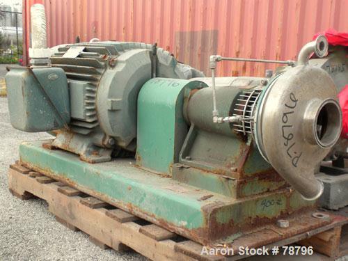 Used Tri-Clover Tri-Flo Centrifugal Pump, Model SP328M-4966-24, 316 Stainless Steel. 4" inlet, 2" outlet. Approximate capacity 500 gallons per minute at 260' head, 8" diameter impeller. Driven by a 5...