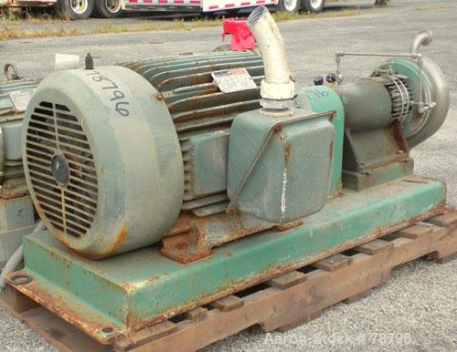 Used Tri-Clover Tri-Flo Centrifugal Pump, Model SP328M-4966-24, 316 Stainless Steel. 4" inlet, 2" outlet. Approximate capacity 500 gallons per minute at 260' head, 8" diameter impeller. Driven by a 5...