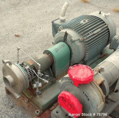 Used Tri-Clover Tri-Flo Centrifugal Pump, Model SP328M-4966-24, 316 Stainless Steel. 4" inlet, 2" outlet. Approximate capacity 500 gallons per minute at 260' head, 8" diameter impeller. Driven by a 5...