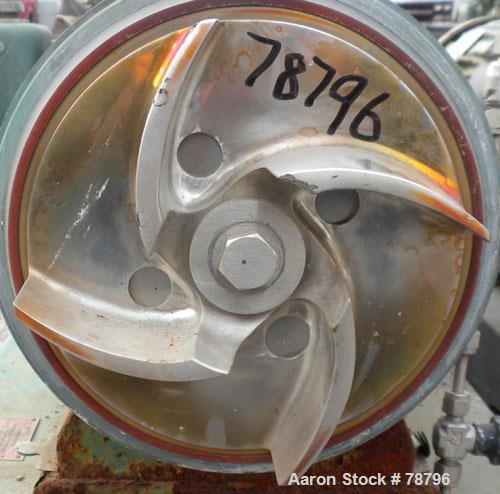 Used Tri-Clover Tri-Flo Centrifugal Pump, Model SP328M-4966-24, 316 Stainless Steel. 4" inlet, 2" outlet. Approximate capacity 500 gallons per minute at 260' head, 8" diameter impeller. Driven by a 5...