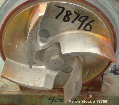 Used Tri-Clover Tri-Flo Centrifugal Pump, Model SP328M-4966-24, 316 Stainless Steel. 4" inlet, 2" outlet. Approximate capacity 500 gallons per minute at 260' head, 8" diameter impeller. Driven by a 5...