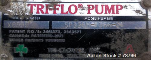 Used Tri-Clover Tri-Flo Centrifugal Pump, Model SP328M-4966-24, 316 Stainless Steel. 4" inlet, 2" outlet. Approximate capacity 500 gallons per minute at 260' head, 8" diameter impeller. Driven by a 5...