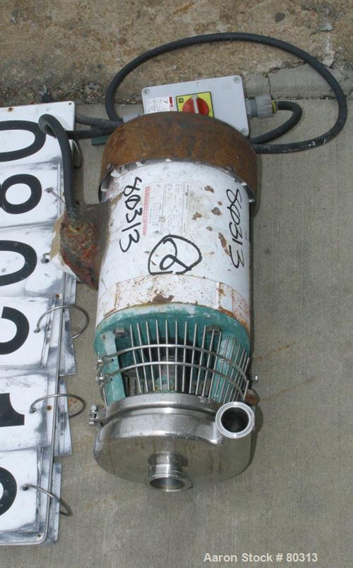 USED:Tri-Clover centrifugal pump, 316 stainless steel. 2-1/2" diameter inlet, 2" outlet. Direct driven by a 3 hp, 3/60/230/460 volt,3410 rpm motor. Requires base.