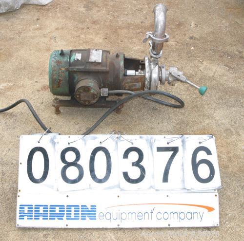 USED: Tri-Clover centrifugal pump, model C216ME18T-S, 316 stainless steel. 2" diameter inlet, 1-1/2" outlet, 8" diameter impeller. Approxcapacity 150 gallons per minute. Direct driven by a 3 hp, 3/60...