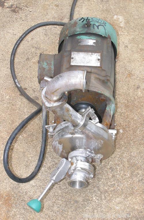 USED: Tri-Clover centrifugal pump, model C216ME18T-S, 316 stainless steel. 2" diameter inlet, 1-1/2" outlet, 8" diameter impeller. Approxcapacity 150 gallons per minute. Direct driven by a 3 hp, 3/60...