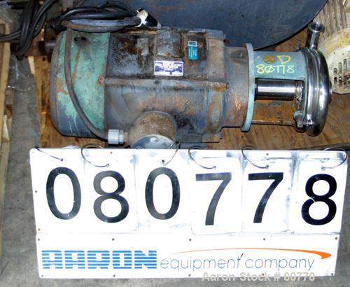 USED: Tri Clover centrifugal pump, 316 stainless steel. 2-1/2"diameter inlet, 2" outlet, 8" diameter impeller. Direct drivenby a 15 hp, 3/60/230/460 volt, 3515 rpm motor. Requires base.