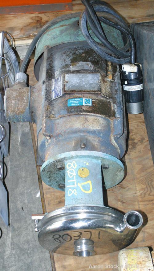USED: Tri Clover centrifugal pump, 316 stainless steel. 2-1/2"diameter inlet, 2" outlet, 8" diameter impeller. Direct drivenby a 15 hp, 3/60/230/460 volt, 3515 rpm motor. Requires base.