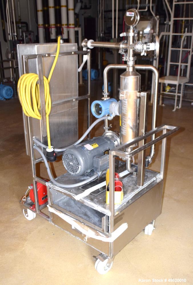 Used Waukesha Centrifugal Pump, Model 2065LV, 316 Stainless Steel. Approximate 200 gallons per minute at 180 head. 2.5" inlet, 1.5" outlet. Driven by a 5hp, 3/60/230/460 volt, 3450 rpm XP motor, seri...