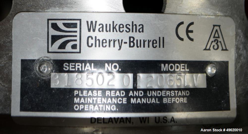 Used Waukesha Centrifugal Pump, Model 2065LV, 316 Stainless Steel. Approximate 200 gallons per minute at 180 head. 2.5" inlet, 1.5" outlet. Driven by a 5hp, 3/60/230/460 volt, 3450 rpm XP motor, seri...