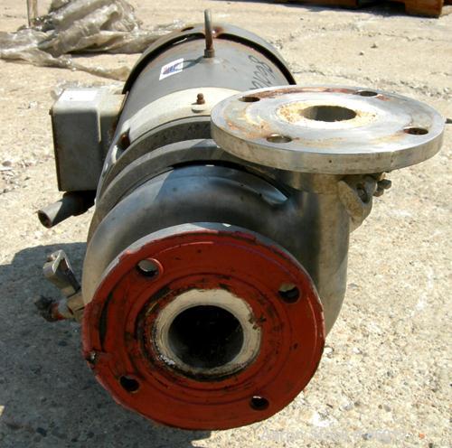 USED: Waukesha centrifugal pump, model 2065, 316 stainless steel. 2-1/2" tri clamp inlet, 2" tri clamp outlet. Approx 5-1/2" diameter impeller. Rated 200 gallons per minute at 100' head. Driven by a ...