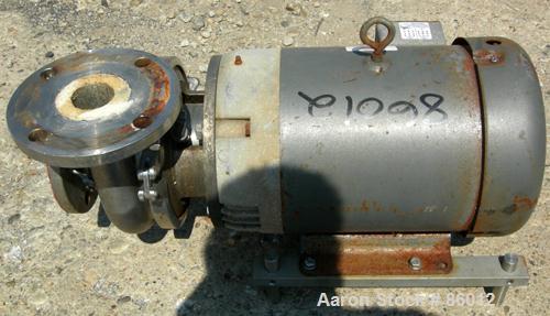 USED: Waukesha centrifugal pump, model 2065, 316 stainless steel. 2-1/2" tri clamp inlet, 2" tri clamp outlet. Approx 5-1/2" diameter impeller. Rated 200 gallons per minute at 100' head. Driven by a ...