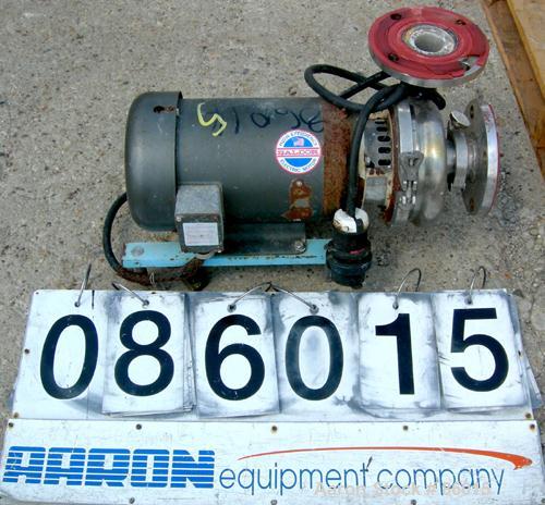 USED: Waukesha centrifugal pump, model 2065, stainless steel. 2-1/2" tri clamp inlet, 2" tri clamp outlet. Approx 5-1/2" diameter impeller. Rated 200 gallons per minute at 100' head. Driven by a 10 h...