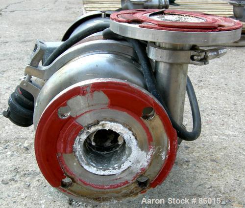 USED: Waukesha centrifugal pump, model 2065, stainless steel. 2-1/2" tri clamp inlet, 2" tri clamp outlet. Approx 5-1/2" diameter impeller. Rated 200 gallons per minute at 100' head. Driven by a 10 h...