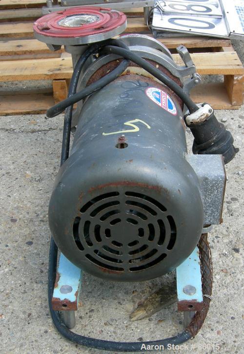 USED: Waukesha centrifugal pump, model 2065, stainless steel. 2-1/2" tri clamp inlet, 2" tri clamp outlet. Approx 5-1/2" diameter impeller. Rated 200 gallons per minute at 100' head. Driven by a 10 h...