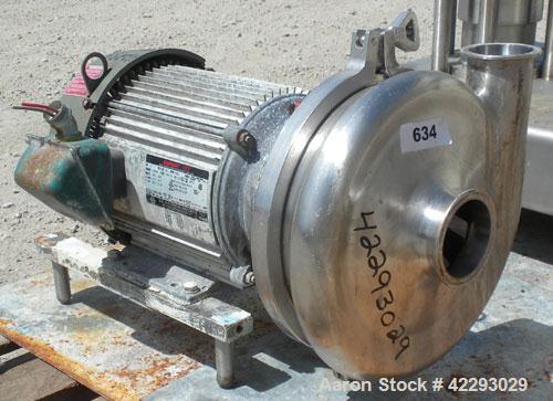 Used Waukesha Centrifugal Pump, model 2085, 316 stainless steel. 3" Tri-clamp inlet, 2" tri-clamp outlet. 8" Diameter impeller. Rated approximately 480 gallons per minute at 85' head. Driven by a 3 h...