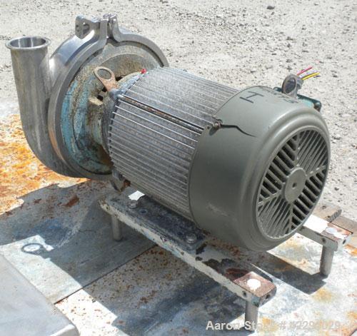 Used Waukesha Centrifugal Pump, model 2085, 316 stainless steel. 3" Tri-clamp inlet, 2" tri-clamp outlet. 8" Diameter impeller. Rated approximately 480 gallons per minute at 85' head. Driven by a 3 h...