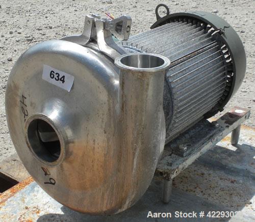 Used Waukesha Centrifugal Pump, model 2085, 316 stainless steel. 3" Tri-clamp inlet, 2" tri-clamp outlet. 8" Diameter impeller. Rated approximately 480 gallons per minute at 85' head. Driven by a 3 h...