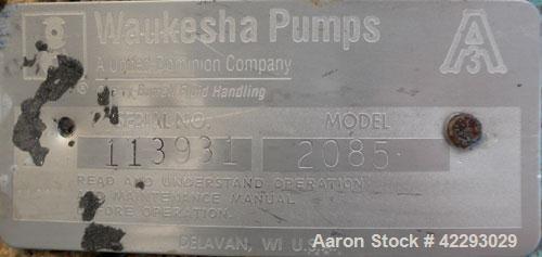 Used Waukesha Centrifugal Pump, model 2085, 316 stainless steel. 3" Tri-clamp inlet, 2" tri-clamp outlet. 8" Diameter impeller. Rated approximately 480 gallons per minute at 85' head. Driven by a 3 h...