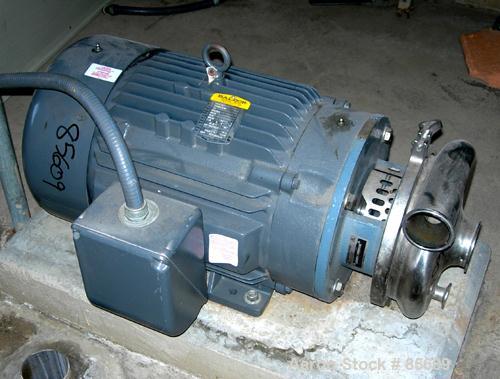Used Waukesha Centrifugal Pump, Model 2085, Stainless Steel. 3" Tri-clamp outlet. Approximately 8" diameter impeller. Rated 840 gallons per minute at 342' head. Driven by a 30 hp, 3/60/230/460 volt, ...