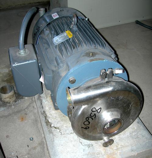 Used Waukesha Centrifugal Pump, Model 2085, Stainless Steel. 3" Tri-clamp outlet. Approximately 8" diameter impeller. Rated 840 gallons per minute at 342' head. Driven by a 30 hp, 3/60/230/460 volt, ...