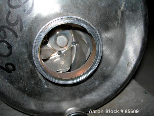 Used Waukesha Centrifugal Pump, Model 2085, Stainless Steel. 3" Tri-clamp outlet. Approximately 8" diameter impeller. Rated 840 gallons per minute at 342' head. Driven by a 30 hp, 3/60/230/460 volt, ...