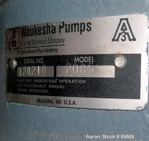 Used Waukesha Centrifugal Pump, Model 2085, Stainless Steel. 3" Tri-clamp outlet. Approximately 8" diameter impeller. Rated 840 gallons per minute at 342' head. Driven by a 30 hp, 3/60/230/460 volt, ...