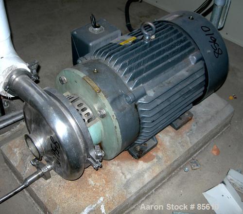 Used Waukesha Centrifugal Pump, Model 2085, Stainless Steel. 3" Tri-clamp outlet. Approximately 8" diameter impeller. Rated 840 gallons per minute at 342' head. Driven by a 30 hp, 3/60/230/460 volt, ...