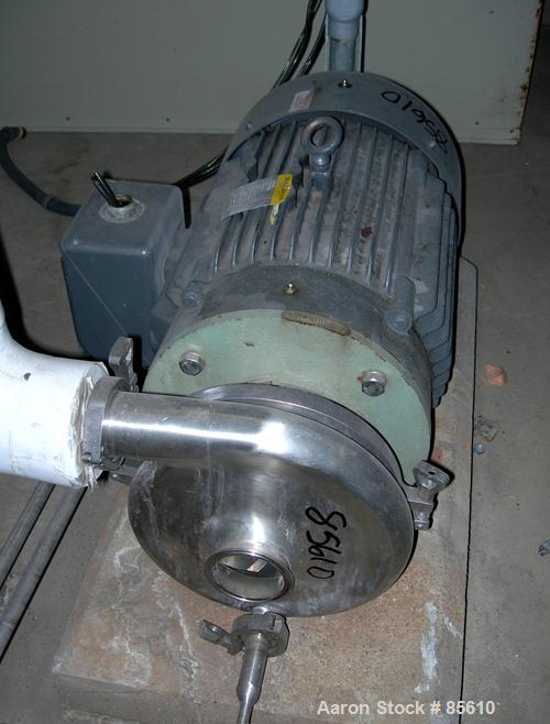 Used Waukesha Centrifugal Pump, Model 2085, Stainless Steel. 3" Tri-clamp outlet. Approximately 8" diameter impeller. Rated 840 gallons per minute at 342' head. Driven by a 30 hp, 3/60/230/460 volt, ...