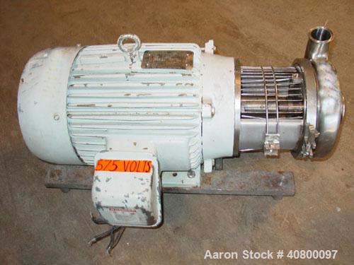 Used Waukesha Centrifugal Pump, model C218, 316 stainless steel. 3" tri-clamp inlet, 1 1/2" tri-clamp outlet. Approximate 5" diameter impeller. Rated approximately 200 gallons per minute at 50' head....