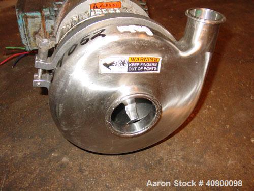 Used Waukesha Centrifugal Pump, Model C328, 316 stainless steel. 3" tri-clamp inlet, 2" tri-clamp outlet. Approximate 5" diameter impeller. Rated approximately 450 gallons per minute at 50' head. Dri...