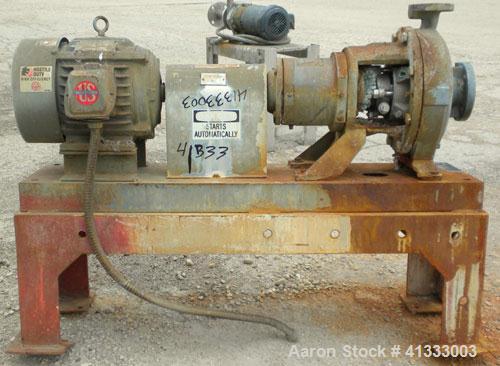 Used Worthington D-Line Centrifugal Pump, Model D1011. Size 2" inlet x 1" outlet x 9.90" diameter impeller, stainless steel. Rated approximately 150 gallons per minute at 275 psi at 100 deg F. Driven...