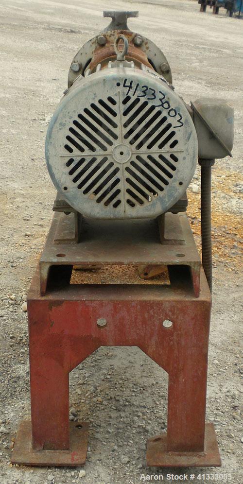 Used Worthington D-Line Centrifugal Pump, Model D1011. Size 2" inlet x 1" outlet x 9.90" diameter impeller, stainless steel. Rated approximately 150 gallons per minute at 275 psi at 100 deg F. Driven...