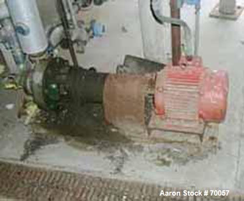 Used Worthington Centrifugal Pump, Model D1011. Size 2" inlet x 1" outlet x 10" diameter impeller, 316 stainless steel. Rated 275 psi at 100 deg F. Direct connected to a 7.5 hp, 3/60/230/460 volt, 17...