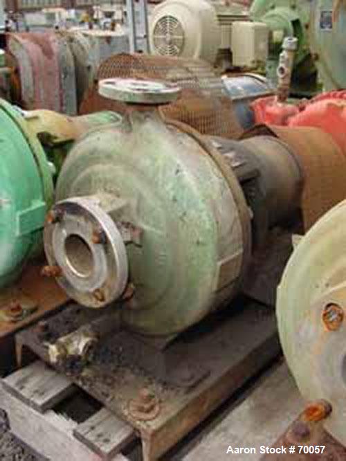Used Worthington Centrifugal Pump, Model D1011. Size 2" inlet x 1" outlet x 10" diameter impeller, 316 stainless steel. Rated 275 psi at 100 deg F. Direct connected to a 7.5 hp, 3/60/230/460 volt, 17...