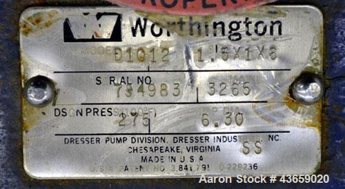Used Worthington Centrifugal Pump, Model D1012, Size 1.5 X 1 X 6, 316 Stainless steel. Rated approximate 150 gallons per minute at 60’ head at 275 psi at 100 degrees F. 1.5” Inlet, 1” outlet, 6.30” d...