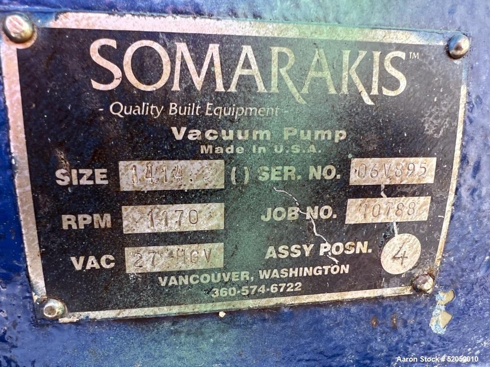 Used- Somarakis Liquid Ring Vacuum Pump, Size 1414.3, Carbon Steel. Approximate 400 to 750 cfm. Driven by a 50hp 3/60/460v 1...