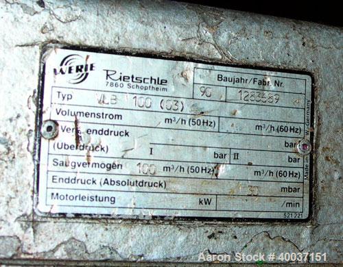 Used Used: Rietschle oil seal vacuum pump. Type VL-100-(03). Approximately 58.86 cfm at 225 torr. Driven by a 5HP 3/60/230/460 volt, 1735 rpm xp motor. Base mounted.