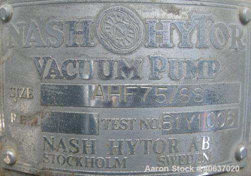 Used Nash Liquid Ring Vacuum Pump, size AHF-75/SS, 316 stainless steel. Approximate capacity 60 cfm at 15" to 20" H.G. Approximate 2" inlet/outlet. Driven by a 10 hp, 3/60/230/460 volt, 1745 rpm moto...