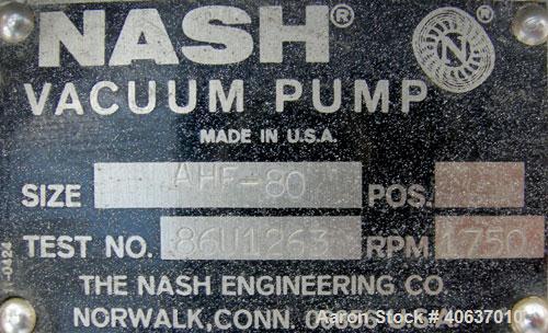 Used Nash Liquid Ring Vacuum Pump, Size AHF-80, 316 Stainless Steel. Approximate capacity 72 CFM at 15" to 20" H.G. Approximate 2" inlet/outlet. Driven by a 10 HP, 3/60/230/460 Volt, 1755 RPM motor. ...