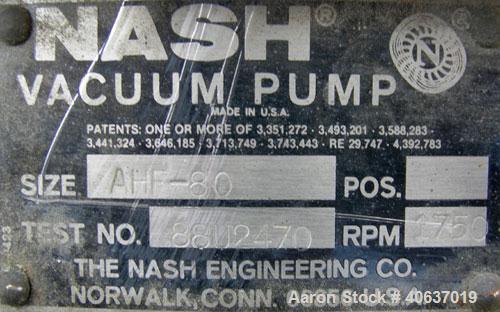 Used Nash Liquid Ring Vacuum Pump, size AHF-80, 316 stainless steel. Approximate capacity 72 cfm at 15" to 20" H.G. Approximate 2" inlet/outlet. Driven by a 7 1/2 hp, 3/60/230/460 volt, 1755 rpm moto...