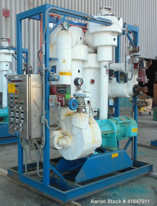 Used Apovac Vacuum System consisting of: (1) Vacuum pump, driven by a 30 hp motor. (1) Industrial Piping heat exchanger, (1) Industrial Piping pressure tank, and a control panel. Mounted on a carbon ...