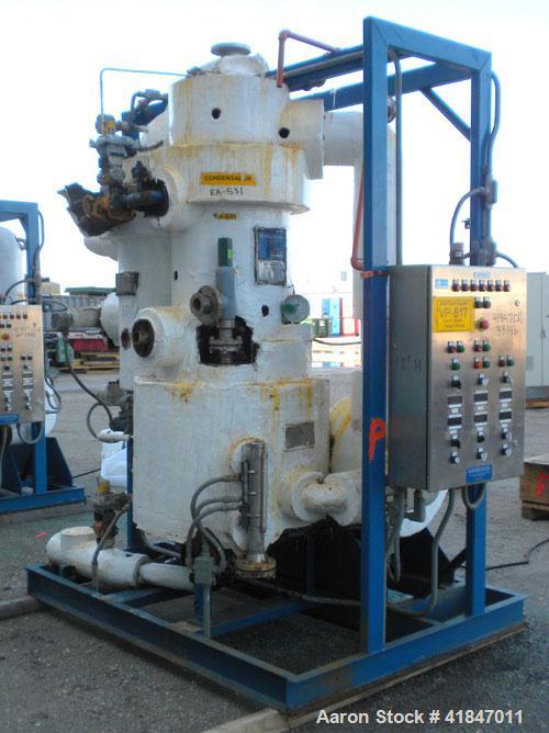 Used Apovac Vacuum System consisting of: (1) Vacuum pump, driven by a 30 hp motor. (1) Industrial Piping heat exchanger, (1) Industrial Piping pressure tank, and a control panel. Mounted on a carbon ...