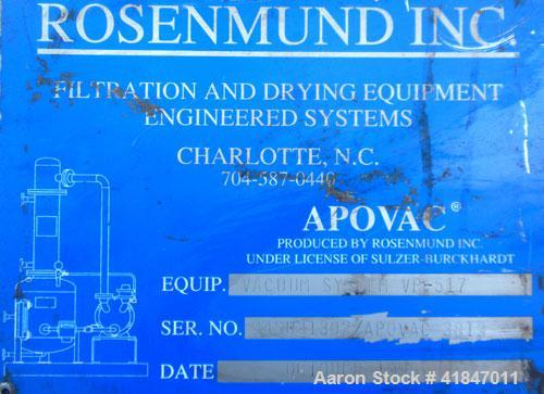 Used Apovac Vacuum System consisting of: (1) Vacuum pump, driven by a 30 hp motor. (1) Industrial Piping heat exchanger, (1) Industrial Piping pressure tank, and a control panel. Mounted on a carbon ...