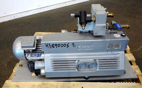 Used Busch Series R5 Single Stage, Oil Sealed, Rotary Vane Vacuum Pump, Model 0100-131, Carbon Steel. Rated 63 cfm, air cooled. Driven by a 3 kw, 220/240 volt, 1440 rpm motor. Base mounted.