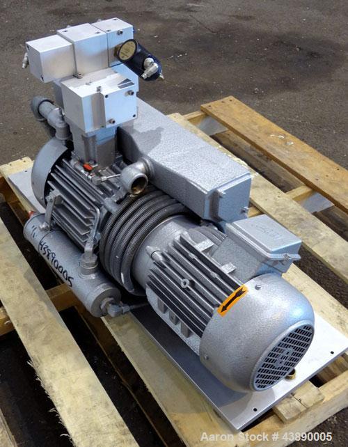 Used Busch Series R5 Single Stage, Oil Sealed, Rotary Vane Vacuum Pump, Model 0100-131, Carbon Steel. Rated 63 cfm, air cooled. Driven by a 3 kw, 220/240 volt, 1440 rpm motor. Base mounted.