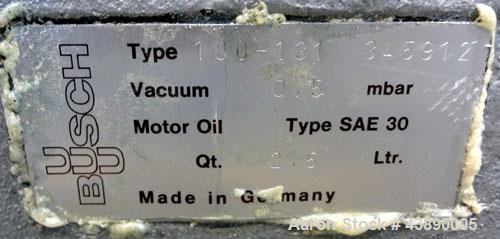 Used Busch Series R5 Single Stage, Oil Sealed, Rotary Vane Vacuum Pump, Model 0100-131, Carbon Steel. Rated 63 cfm, air cooled. Driven by a 3 kw, 220/240 volt, 1440 rpm motor. Base mounted.