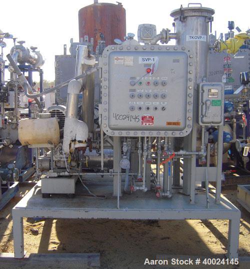 Used Busch Monovac Single Stage Vacuum Pump, Model 216:002. 113 CFM at 40 Torr. Driven by a 10hp,3/60/230/460 volt, 1755 rpm XP motor. Includes  25 gallon C-276 knockout pot, C-276 muffler, carbon st...